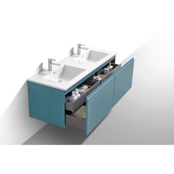 Kubebath BALLI60D Balli 59 1/2 Inch Modern Wall Mounted Double Sink Bathroom Vanity with Reinforced Acrylic Composite Top