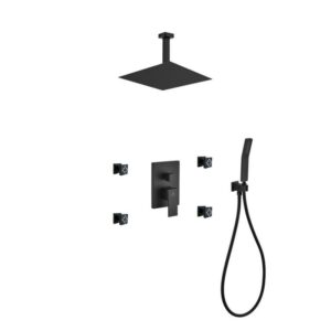 Kubebath KB CR3004JHH3V Aqua Piazza Shower Set with 12 Inch Ceiling Mount Square Rain Shower, 4 Body Jets and Handheld