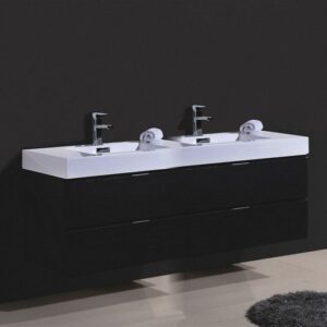 Kubebath BSL72D-BK Bliss 72 Inch Double Sink Black Wall Mount Modern Bathroom Vanity