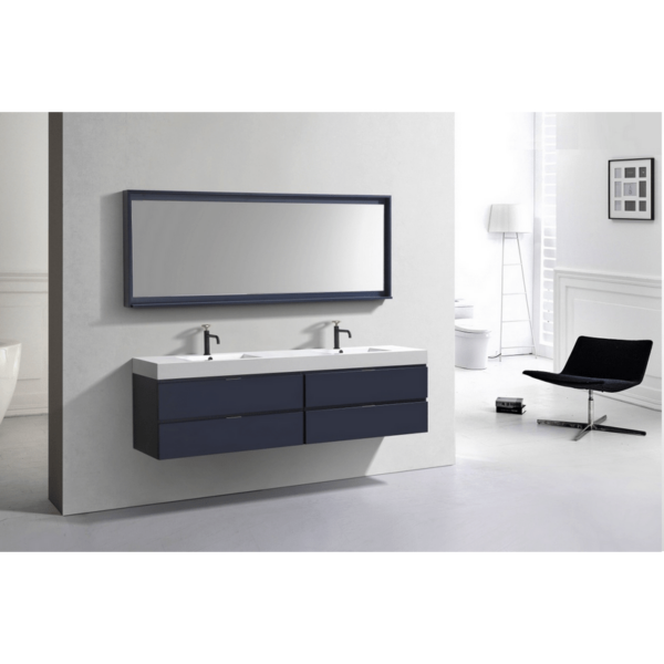 KubeBath BSL72D-BLUE Bliss 72 Inch Wall Mount and Modern Bathroom Vanity in Blue with Double Sink