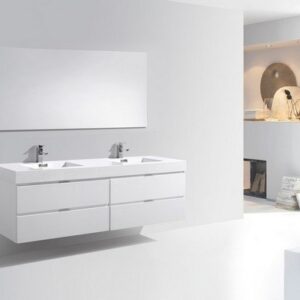 Kubebath BSL72D-GW Bliss 72 Inch Double Sink High Gloss White Wall Mount Modern Bathroom Vanity