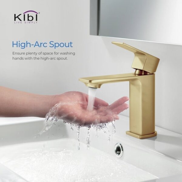 KIBI USA C-KBF1001-KPW100 Mirage 6 3/8 Inch Single Hole Deck Mounted Lead Free Solid Brass Single Handle Bathroom Vanity Faucet with Pop Up Drain