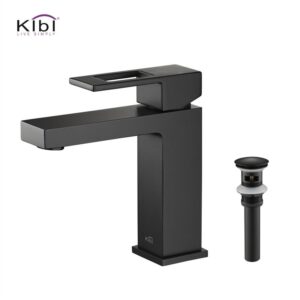 KIBI USA C-KBF1002-KPW100 Cubic 6 3/4 Inch Single Hole Deck Mounted Solid Brass Single Handle Bathroom Vanity Sink Faucet with Pop Up Drain