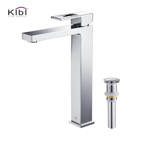 KIBI USA C-KBF1003-KPW101 Cubic 12 3/8 Inch Single Hole Deck Mounted Lead Free Solid Brass Single Handle Bathroom Vanity Sink Faucet with Pop Up Drain