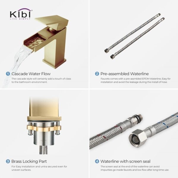 KIBI USA C-KBF1004-KPW100 Waterfall 6 1/8 Inch Single Hole Deck Mounted Solid Brass Single Handle Sink Faucet with Pop Up Drain