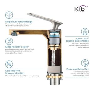 KIBI USA C-KBF1006-KPW100 Infinity 6 3/8 Inch Single Hole Deck Mounted Lead Free Solid Brass Single Handle Bathroom Vanity Sink Faucet with Pop Up Drain