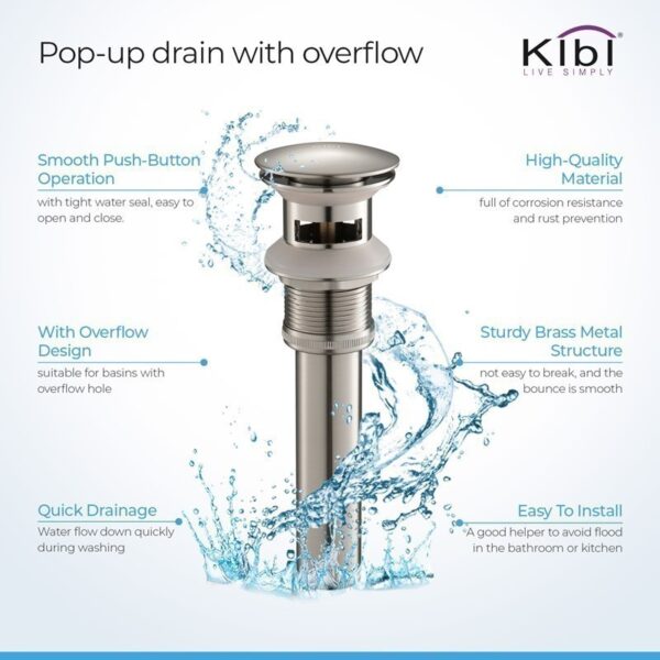 KIBI USA C-KBF1006-KPW100 Infinity 6 3/8 Inch Single Hole Deck Mounted Lead Free Solid Brass Single Handle Bathroom Vanity Sink Faucet with Pop Up Drain