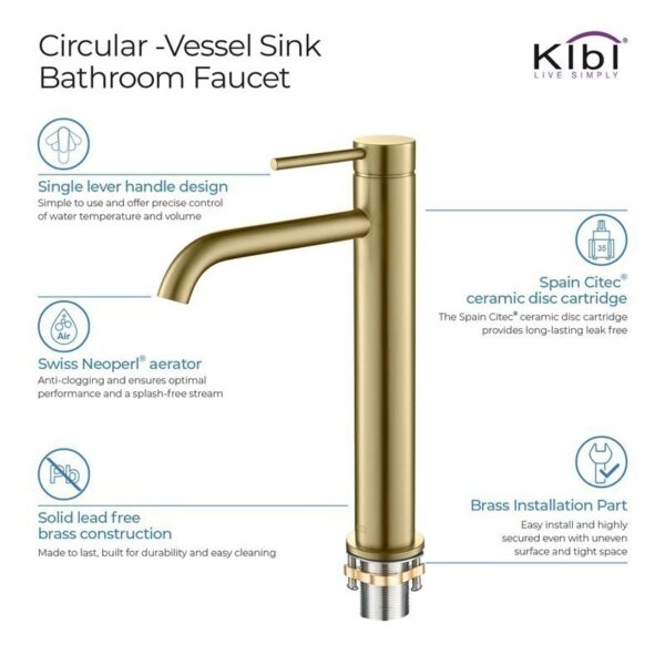 KIBI USA C-KBF1009-KPW101 Circular 11 3/8 Inch Single Hole Deck Mounted Luxury Solid Brass Single Hole Bathroom Vessel Sink Faucet with Pop Up Drain