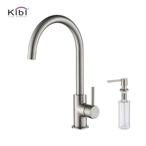 KIBI USA C-KKF2001-KSD100 Lowa 14 3/4 Inch Single Hole Deck Mount High Arc Single Lever Bar Prep Kitchen Faucet with Soap Dispenser