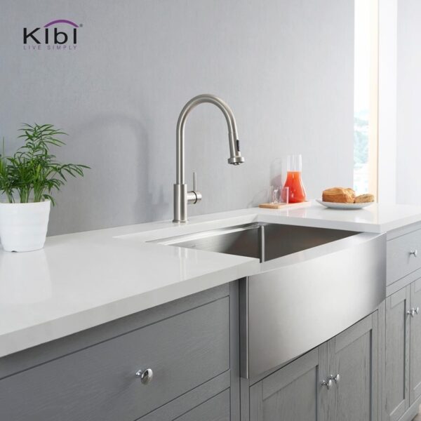 KIBI USA C-KKF2002-KSD100 Casa 16 1/2 Inch Single Hole Deck Mount Single Level Pull-Down Kitchen Faucet with Sprayer and Soap Dispenser