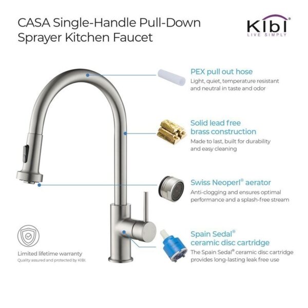 KIBI USA C-KKF2002-KSD100 Casa 16 1/2 Inch Single Hole Deck Mount Single Level Pull-Down Kitchen Faucet with Sprayer and Soap Dispenser