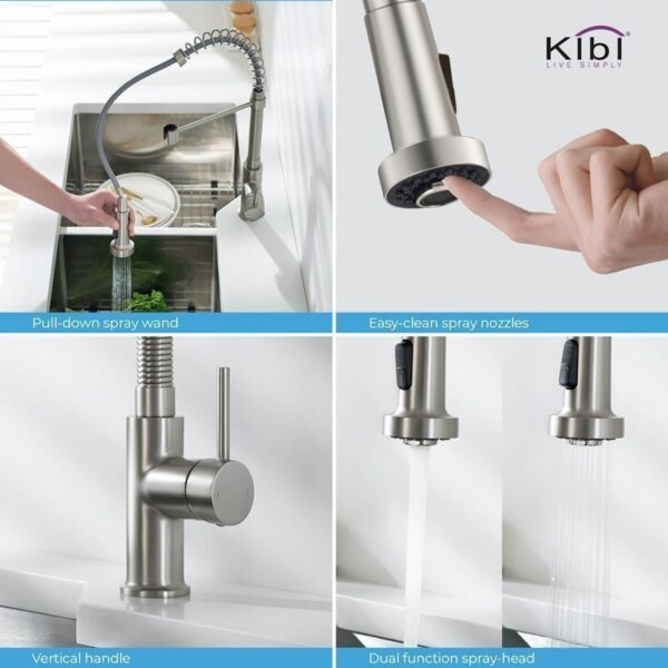 KIBI USA C-KKF2003-KSD100 Aurora 17 Inch Single Hole Deck Mount Single Handle Pull-Down Kitchen Faucet with Sprayer and Soap Dispenser