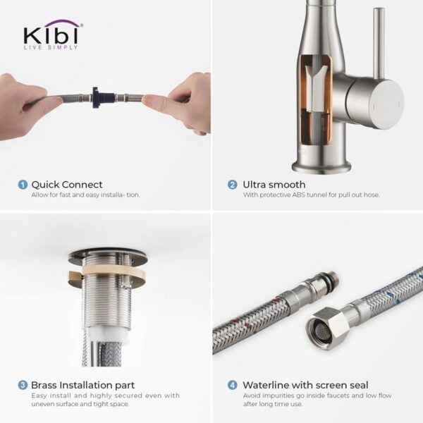 KIBI USA C-KKF2005-KSD100 Napa 16 1/4 Inch Single Hole Deck Mount High Arc Pull-Out Single Level Lead Free Brass Kitchen Faucet with Sprayer and Soap Dispenser