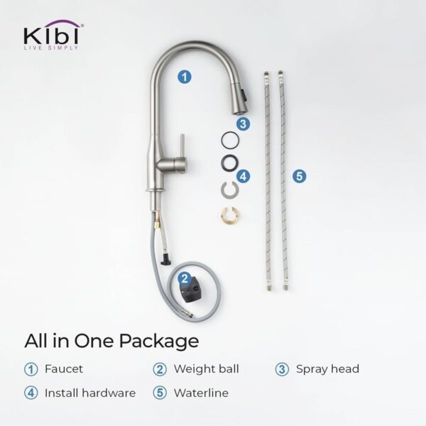 KIBI USA C-KKF2005-KSD100 Napa 16 1/4 Inch Single Hole Deck Mount High Arc Pull-Out Single Level Lead Free Brass Kitchen Faucet with Sprayer and Soap Dispenser