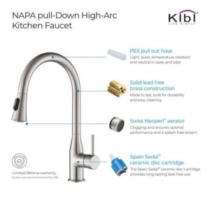 KIBI USA C-KKF2005-KSD100 Napa 16 1/4 Inch Single Hole Deck Mount High Arc Pull-Out Single Level Lead Free Brass Kitchen Faucet with Sprayer and Soap Dispenser