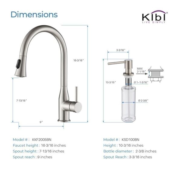 KIBI USA C-KKF2005-KSD100 Napa 16 1/4 Inch Single Hole Deck Mount High Arc Pull-Out Single Level Lead Free Brass Kitchen Faucet with Sprayer and Soap Dispenser