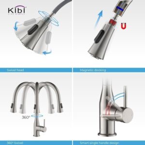 KIBI USA C-KKF2005-KSD100 Napa 16 1/4 Inch Single Hole Deck Mount High Arc Pull-Out Single Level Lead Free Brass Kitchen Faucet with Sprayer and Soap Dispenser