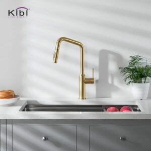 KIBI USA C-KKF2007-KSD100 Macon 17 1/8 Inch Single Hole Deck Mount Brass High Arc Single Level Kitchen Faucet with Pull-Out Sprayer and Soap Dispenser