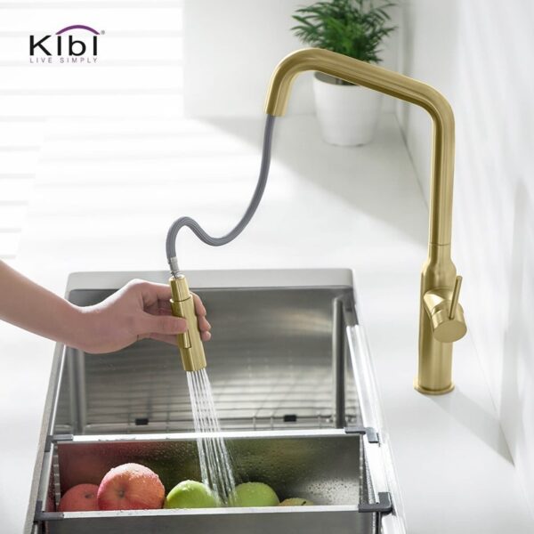 KIBI USA C-KKF2007-KSD100 Macon 17 1/8 Inch Single Hole Deck Mount Brass High Arc Single Level Kitchen Faucet with Pull-Out Sprayer and Soap Dispenser