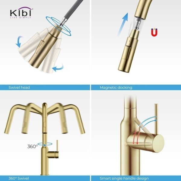 KIBI USA C-KKF2007-KSD100 Macon 17 1/8 Inch Single Hole Deck Mount Brass High Arc Single Level Kitchen Faucet with Pull-Out Sprayer and Soap Dispenser