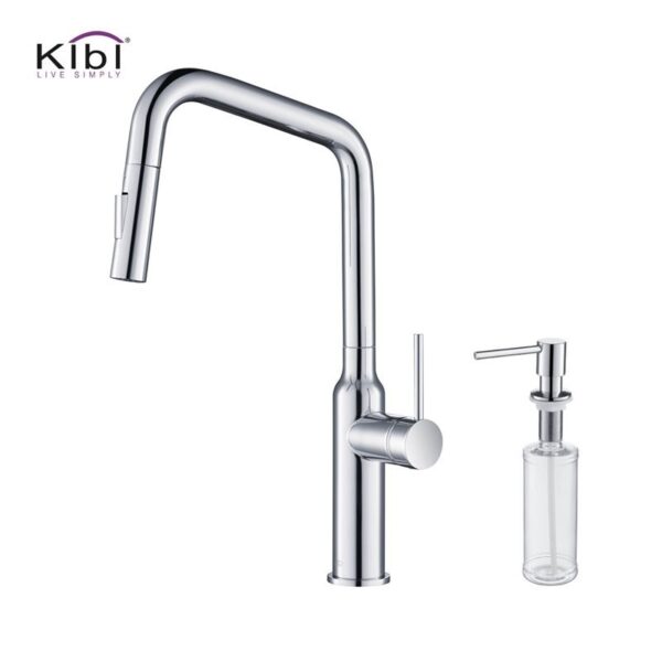 KIBI USA C-KKF2007-KSD100 Macon 17 1/8 Inch Single Hole Deck Mount Brass High Arc Single Level Kitchen Faucet with Pull-Out Sprayer and Soap Dispenser