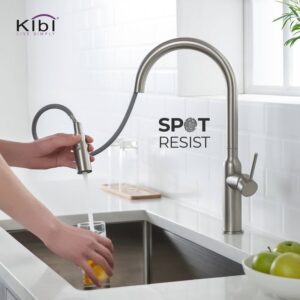 KIBI USA C-KKF2008-KSD100 Hilo 17 Inch Single Hole Deck Mount High Arc Pull-Out Single Level Lead Free Brass Kitchen Faucet with Sprayer and Soap Dispenser