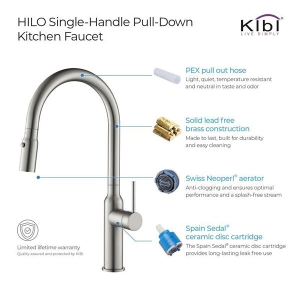 KIBI USA C-KKF2008-KSD100 Hilo 17 Inch Single Hole Deck Mount High Arc Pull-Out Single Level Lead Free Brass Kitchen Faucet with Sprayer and Soap Dispenser