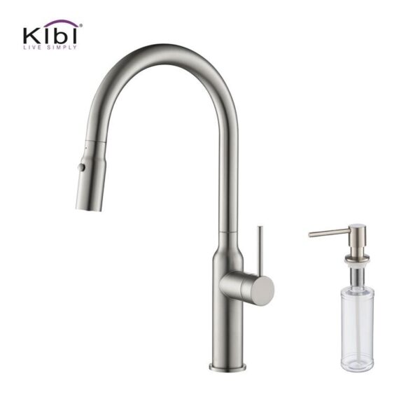 KIBI USA C-KKF2008-KSD100 Hilo 17 Inch Single Hole Deck Mount High Arc Pull-Out Single Level Lead Free Brass Kitchen Faucet with Sprayer and Soap Dispenser