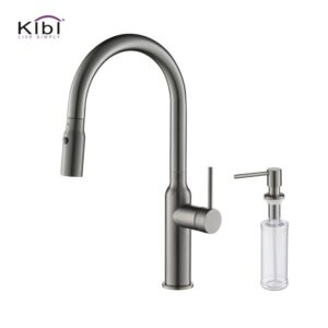 KIBI USA C-KKF2008-KSD100 Hilo 17 Inch Single Hole Deck Mount High Arc Pull-Out Single Level Lead Free Brass Kitchen Faucet with Sprayer and Soap Dispenser