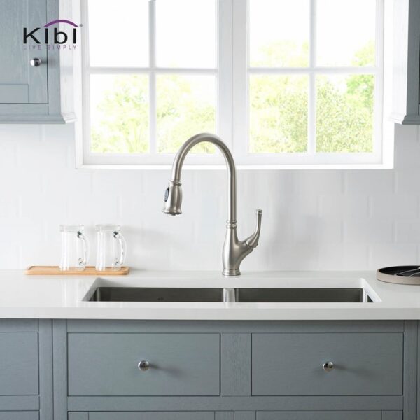 KIBI USA C-KKF2009-KSD101 Summit 16 3/8 Inch Single Hole Deck Mount High Arc Pull-Out Single Level Lead Free Brass Kitchen Faucet with Sprayer and Soap Dispenser