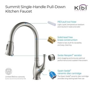 KIBI USA C-KKF2009-KSD101 Summit 16 3/8 Inch Single Hole Deck Mount High Arc Pull-Out Single Level Lead Free Brass Kitchen Faucet with Sprayer and Soap Dispenser