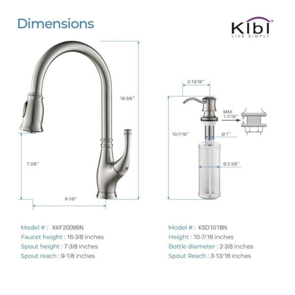 KIBI USA C-KKF2009-KSD101 Summit 16 3/8 Inch Single Hole Deck Mount High Arc Pull-Out Single Level Lead Free Brass Kitchen Faucet with Sprayer and Soap Dispenser