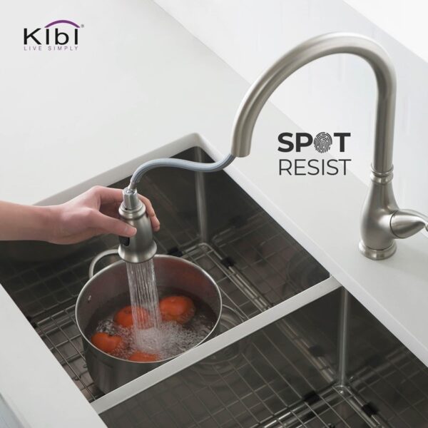 KIBI USA C-KKF2009-KSD101 Summit 16 3/8 Inch Single Hole Deck Mount High Arc Pull-Out Single Level Lead Free Brass Kitchen Faucet with Sprayer and Soap Dispenser