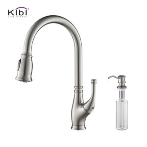 KIBI USA C-KKF2009-KSD101 Summit 16 3/8 Inch Single Hole Deck Mount High Arc Pull-Out Single Level Lead Free Brass Kitchen Faucet with Sprayer and Soap Dispenser