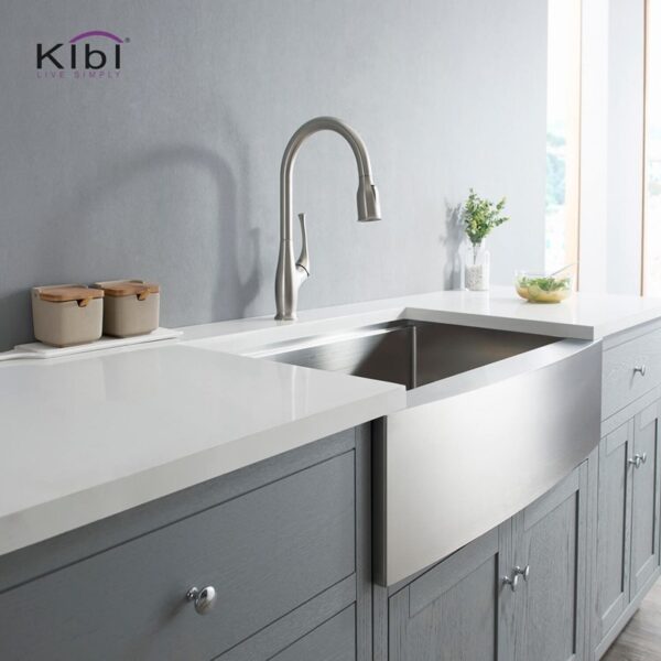 KIBI USA C-KKF2010-KSD101 Cedar 16 3/4 Inch Single Hole Deck Mount High Arc Pull-Out Single Level Lead Free Brass Kitchen Faucet with Sprayer and Soap Dispenser