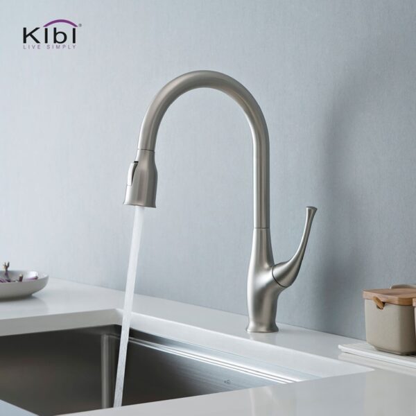 KIBI USA C-KKF2010-KSD101 Cedar 16 3/4 Inch Single Hole Deck Mount High Arc Pull-Out Single Level Lead Free Brass Kitchen Faucet with Sprayer and Soap Dispenser