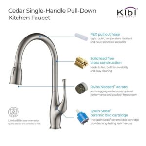 KIBI USA C-KKF2010-KSD101 Cedar 16 3/4 Inch Single Hole Deck Mount High Arc Pull-Out Single Level Lead Free Brass Kitchen Faucet with Sprayer and Soap Dispenser