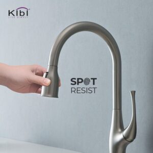 KIBI USA C-KKF2010-KSD101 Cedar 16 3/4 Inch Single Hole Deck Mount High Arc Pull-Out Single Level Lead Free Brass Kitchen Faucet with Sprayer and Soap Dispenser