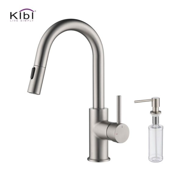 KIBI USA C-KKF2011-KSD100 Luxe 13 1/2 Inch Single Hole Deck Mount Pull-Down Kitchen Faucet with Sprayer and Soap Dispenser