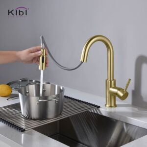 KIBI USA C-KKF2011-KSD100 Luxe 13 1/2 Inch Single Hole Deck Mount Pull-Down Kitchen Faucet with Sprayer and Soap Dispenser