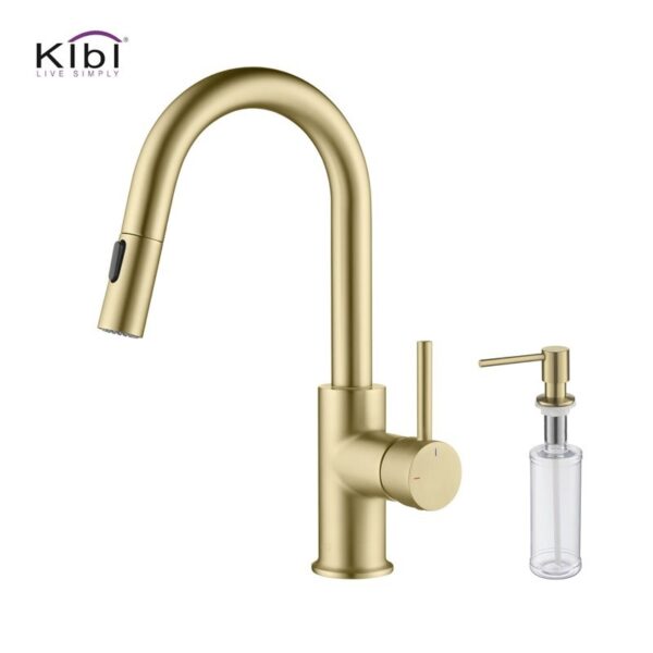 KIBI USA C-KKF2011-KSD100 Luxe 13 1/2 Inch Single Hole Deck Mount Pull-Down Kitchen Faucet with Sprayer and Soap Dispenser