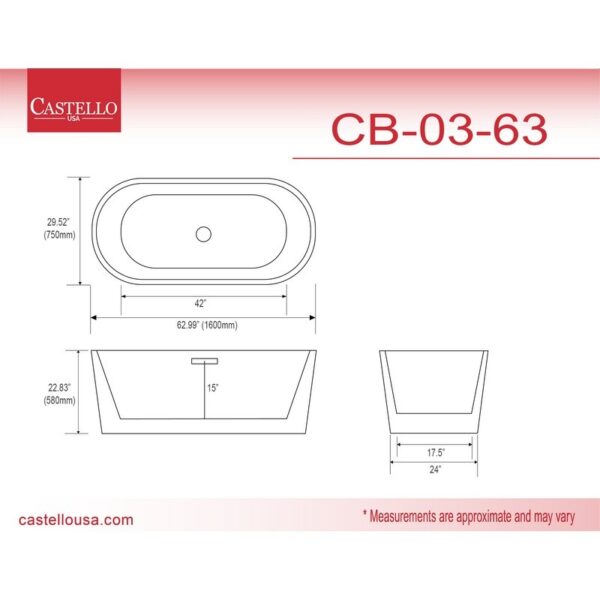 Castello USA CB-03-63 Scarlett 63 Inch Freestanding Tub with Small Chrome Drainer and Overflow