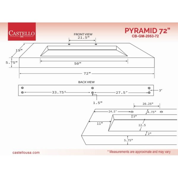 Castello USA CB-GM-2053-72 Pyramid 72 Inch Wall Mounted Counter Top Vessel Bathroom Sink