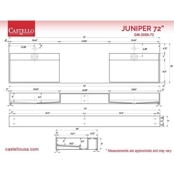 Castello USA CB-GM-2056-72 Juniper 72 Inch Wall Mounted Vessel Double Bathroom Sink