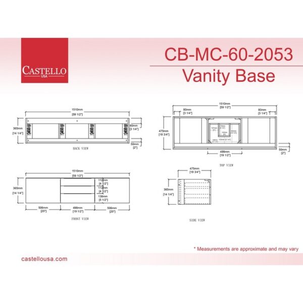 Castello USA CB-NILE-60G-SET Nile 59 1/2 Inch Grey Vanity Set with Top