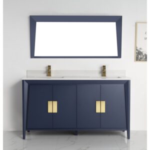 Chans Furniture CL-22NB60-QT 60 Inches Larvotto Contemporary Double Sink Bathroom Vanity In Navy Blue