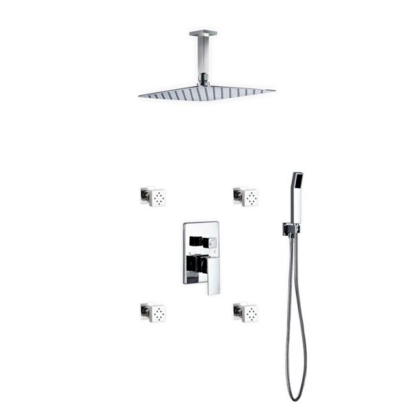 Kubebath KB CR3004JHH3V Aqua Piazza Shower Set with 12 Inch Ceiling Mount Square Rain Shower, 4 Body Jets and Handheld