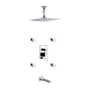 Kubebath KB CR3004JTF3V Aqua Piazza Shower Set with 12 Inch Ceiling Mount Square Rain Shower, Tub Filler and 4 Body Jets