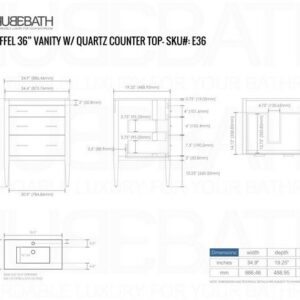 Kubebath E36-GW Eiffel 36 Inch High Gloss White Vanity with Quartz Counter Top