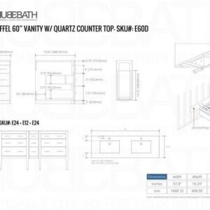 Kubebath E60-GW Eiffel 60 Inch Double Sink High Gloss White Vanity with Quartz Counter Top